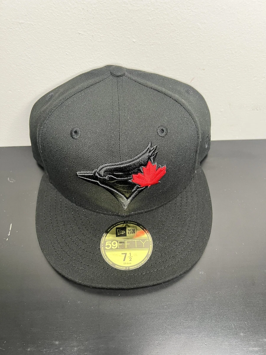 New Era Toronto Blue Jays Blackout Fitted Hat Black on Black Red Leaf 7 1/2  rare