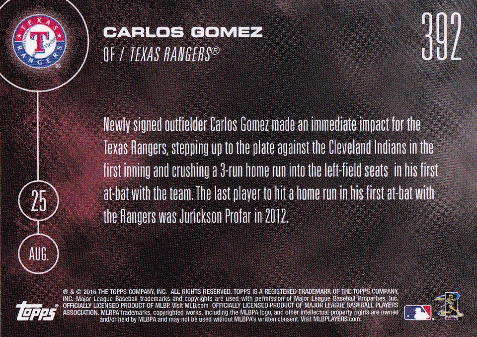 2016 Topps NOW #392 Carlos Gómez Rangers primer al bate contra los Indios 25 de agosto PR/234 Foto 2 de 2