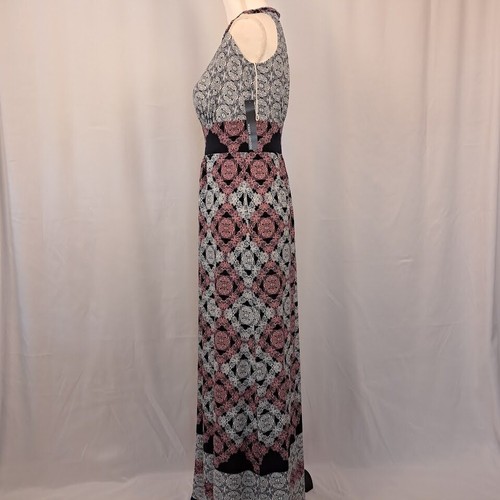 MAGGY LONDON Sz 0 Comet Halter Maxi Dress Sleeveless Geometric Black Pink Slinky - Picture 5 of 11