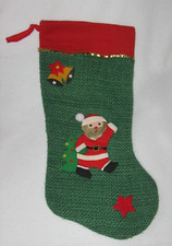 Vintage Christmas Stocking Sock Green Burlap Santa Claus Star Bells