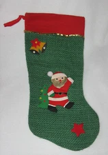 Vintage Christmas Stocking Sock Green Burlap Santa Claus Star Bells