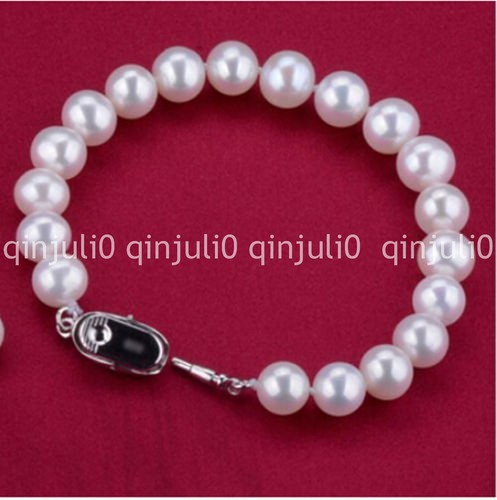 Charming 9-10mm Akoya Natural White Pearls Bracelet 925 Silver 7.5" - Picture 2 of 3