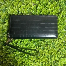 New Black Faux Leather Large Zip Wallet Wristlet with Wrist Strap