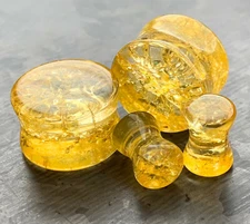 PAIR Cracked Amber Glass Plugs Double Flare Shattered Look Gauges Body Jewelry 