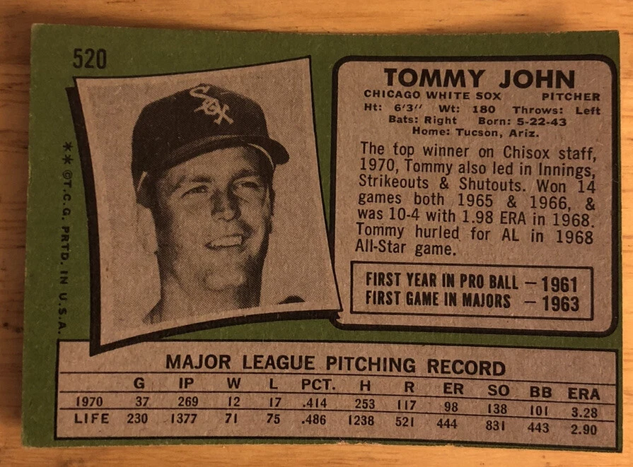 1971 Topps Tommy John Baseball Card #520 White Sox HOF Pitcher Low-Grade - Image 2 of 2