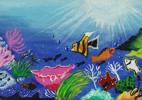 ACEO Original Acrylic Painting UNDERWATER SEASCAPE Miniature Art Card new - Afbeelding 1 van 4