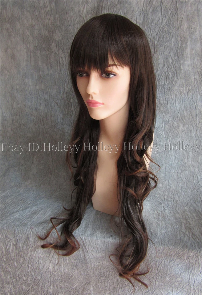 Mujeres Niña Mezcla Marrón Clásico Largo Ondulado Rizado Flequillo Completo Cosplay Cabello Pelucas Completas Foto 2 de 4