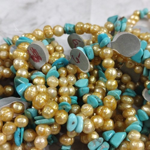 Lot Of 24 Faceted Yellow Pearl And Turquoise Chip Stretch Bracelets Wholesale - Picture 9 of 10