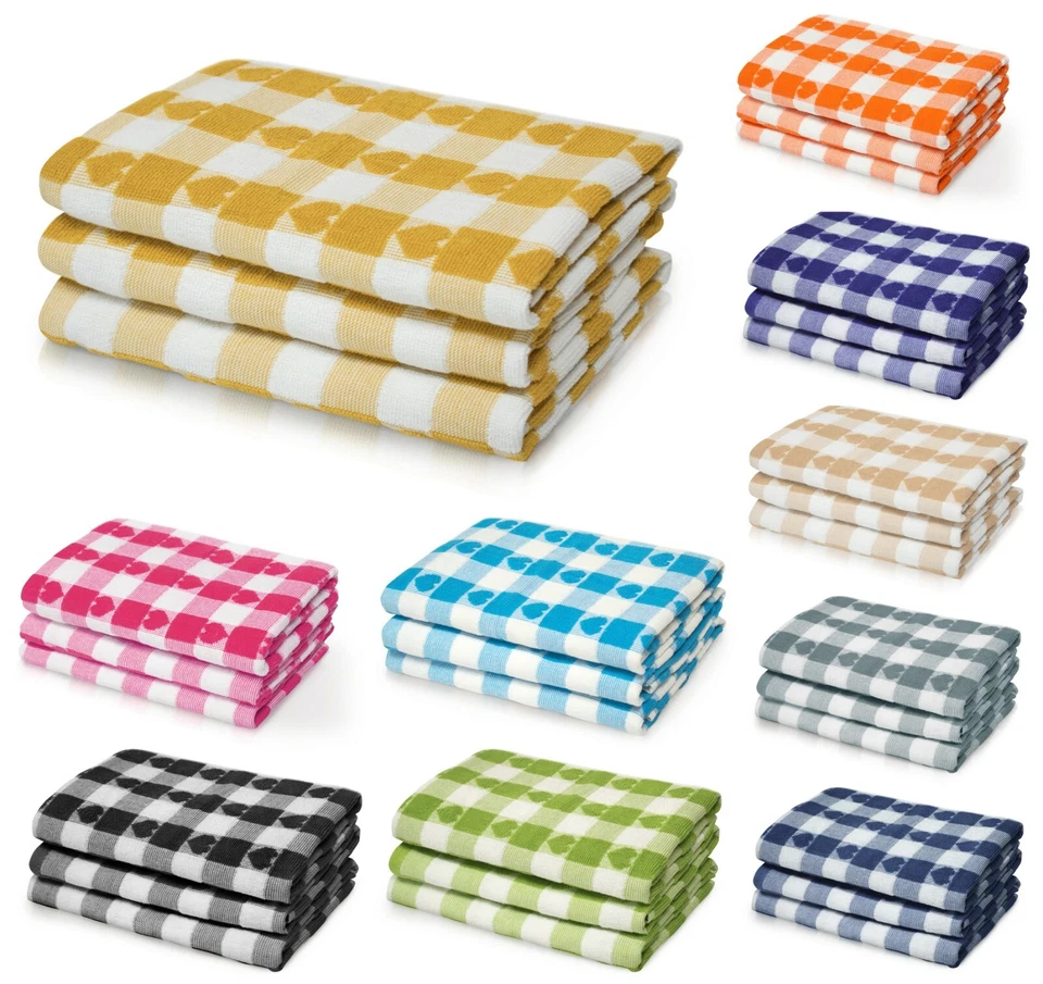 LA MAISON 100% Cotton Pack of 3 or 6 Hearts Check Large Kitchen Tea Towels 50x70cm