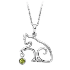 Cat Pendant Necklace 18" Simulated Peridot 14K White Gold Plated 925 Silver