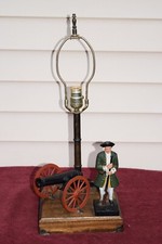 Revolutionary War Cast Iron Model Cannon Soldier Table Lamp Wooden Base 21"