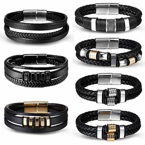 Fashion-Mens-Leather-Braided-Wristband-Bracelet-Stainless-Steel-Titanium-Clasp