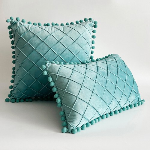 Soft Velvet Cushion Cover Lattice Tassel Pom Poms Throw Pillow Case Sofa Decor - Picture 15 of 25