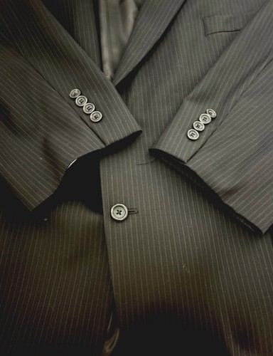 Men’s 2 Button Single Breast jacket 60R 56W Black Pin Stripe One Vent 100% Wool - Picture 6 of 19