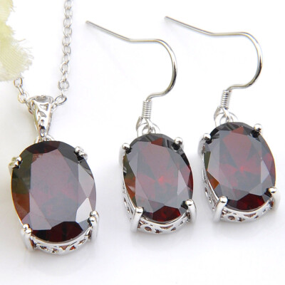 Natural Oval Red Garnet Silver Necklaces Pendants Drop Earrings Jewelry Sets