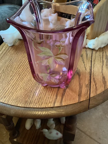 Fenton Transcalent Purple 7" T Sq. Vase w/Floral