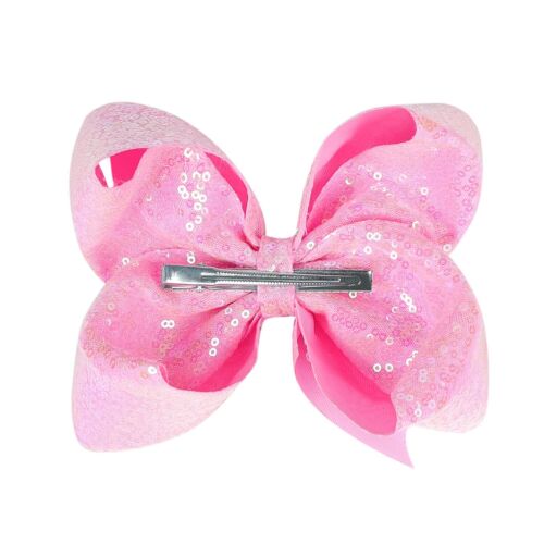 8 Inch Hot Pink Sparkly Glitter Sequin Hair Bows For Girls - Picture 3 of 8