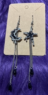 Silver & Black Star And Moon Dangle Earrings. Unique, Party, Cute, Festive.