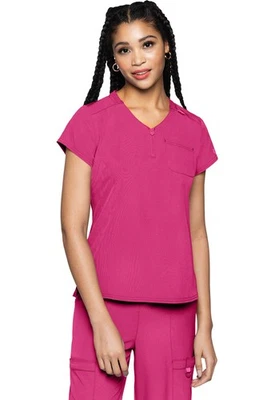 Scrubs Women's Med Couture AMP MC705 Quarter Zip V-Neck Top Pink Power PKNO NWT - Image 1 of 4