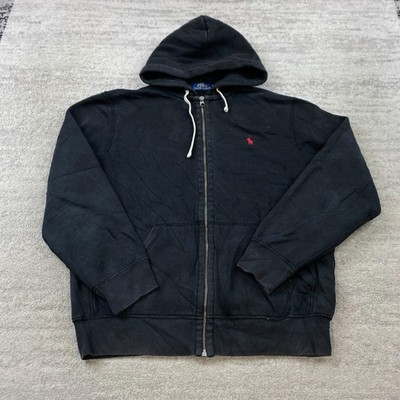 Polo Ralph Lauren Full Zip Hoodie Large Black Red Pony Rugby Adjustable 3 Weave