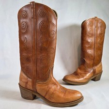 Vtg 1970s Dingo Cognac Brown Womens 8 Western Cowboy Boots Stitching Leather USA