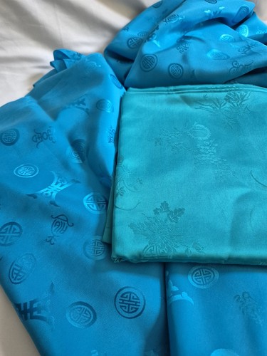 Vintage Pure Silk Fabric – 6 Yards Blue Teal Chinese Blessing Brocade, 29" Wide - Picture 13 of 13