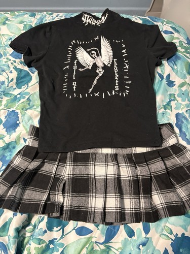 Girls Size S 2pc Goth Skirt Set Black Graphic Tee & Black/White Plaid Skirt