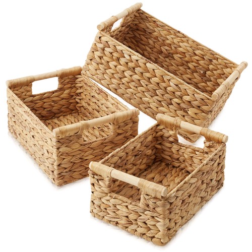 3-Piece Hyacinth Rectangular Storage Basket Set w/ Wood Handles, Natural Wicker - Picture 2 of 6