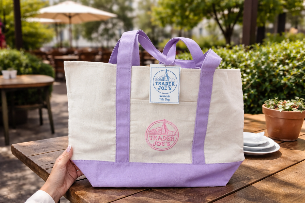 Trader Joe's Large Lavender Canvas Tote Bag 2026 Pink Logo NEW
