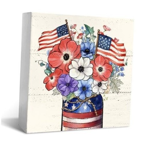 JXREQ 4th of July Decor Wood Box Sign Desk Decor, Sunmmer Floral Red Flower