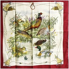 Authentic Gucci silk scarf, ivory x red, bird pattern, pre-owned, AB rank,