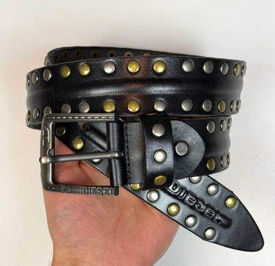 Diesel Leather Belt Black Spiked Y2K Punk Streetwear Adjustable M XL Rare