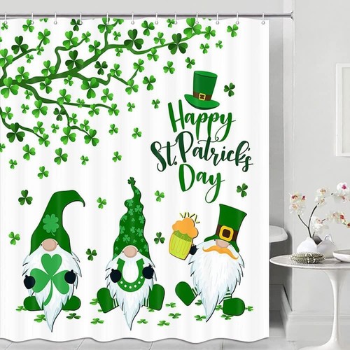 Happy St. Patrick's Day Spring Shower Curtain, Green Lucky Shamrock and Cute ...
