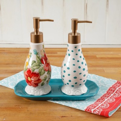 The Pioneer Woman Vintage Floral Ceramic Soap Dispenser Set Brand New