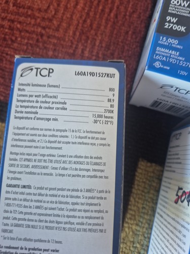 5ct Lot TCP LED 60W Dimmable Light Bulb 9W 2700K Brightness 800 Lumens 120V - Picture 4 of 5