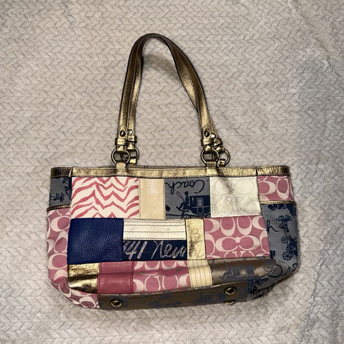 coach patchwork small tote bag metallic pink blue gold zip detachable strap