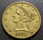 1891-CC Liberty Gold 1/2 Half Eagle $5 - Rare Carson City Ungraded AU+ RAW COIN