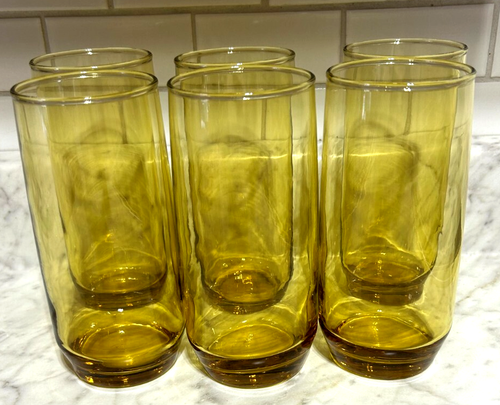 Vintage Libbey Amber Gold Glass Tumblers Smooth Side 6" 12 oz Set of 6