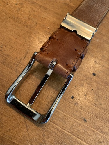 Ischia Tan Leather Belt Silver Buckle Weave Inlay  36” X  1.25” - Picture 5 of 9