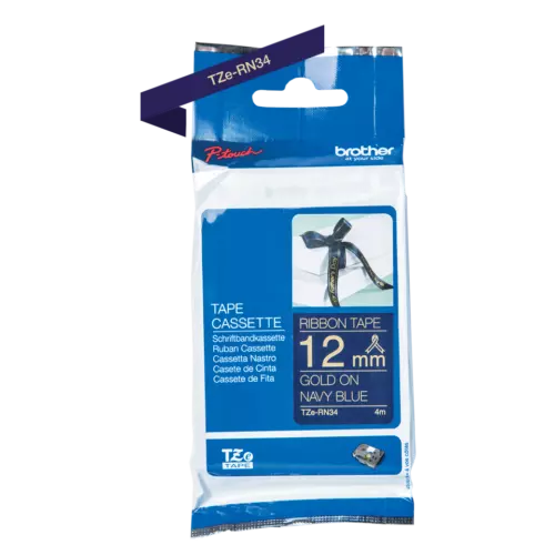 ORIGINAL BROTHER TZE RN34 P-touch Gold on Navy Blue Satin Ribbon 12mm X 4M Ruban
