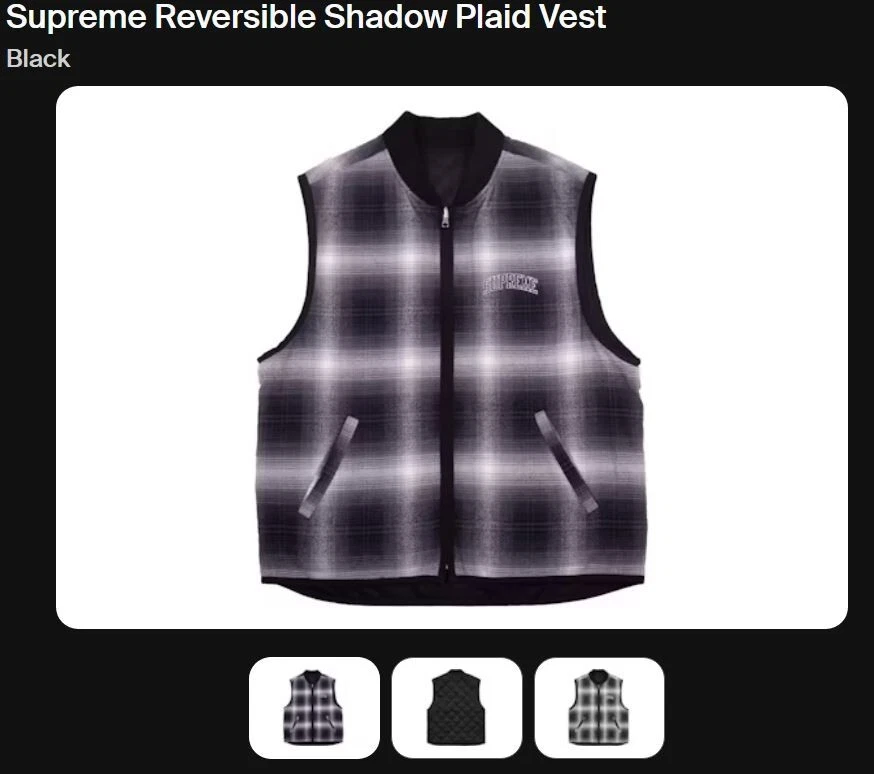 Gilet à carreaux Supreme réversible Shadow noir gris fumé taille LG NEUF SANS ÉTIQUETTE/occasion