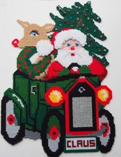 Large 19  x13  Christmas Needlepoint Santa in Car and Vintage Crochet Wreath