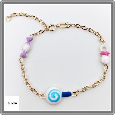 Baby Baby Armband Mädchen Gelbgold mit Schnuller Süßigkeiten Lutscher Lutscher