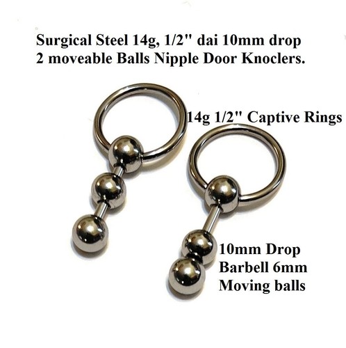Handcrafted Surgical Steel 14g 1/2" NIPPLE 2 MOVEABLE BALLS DOOR KNOCKERS. - Picture 2 of 6
