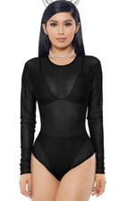 Black Sheer Bodysuit Long Sleeves Zipper Closure Mesh Layering 118701 XS/S