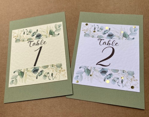 NÚMEROS DE MESA DE EUCALIPTO tarjeta verde follaje oro rústico decoración de asientos de boda - Imagen 9 de 13