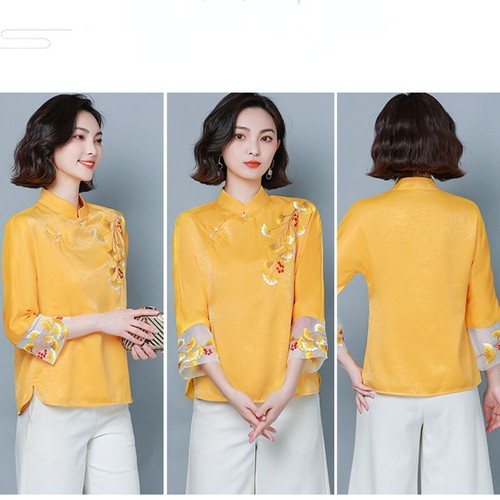 Women 3/4 Sleeve Floral Embroidered T Shirt Blouse Lace Cuff Mandarin Collar Top - Picture 13 of 19
