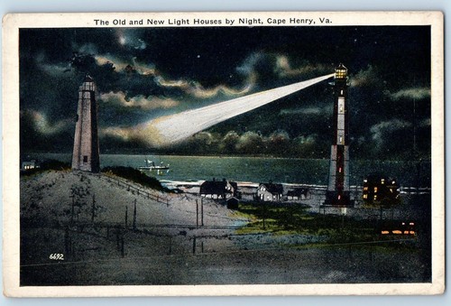 c1920 Die alten und neuen Leuchthäuser bei Nacht Küste Cape Henry Virginia Postkarte