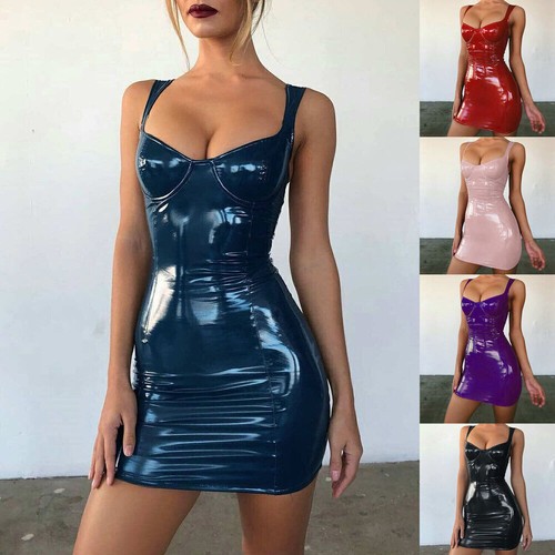 Sexy kurzes Sling-Kleid Damen Pu Bandage Bodycon ärmellos Club Party - Bild 2 von 29
