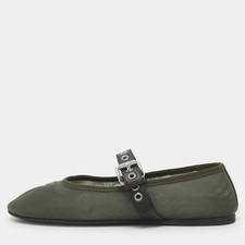 Miu Miu Logo Embroidered Size 38 Olive Green Mesh Mary Jane Ballet Flats